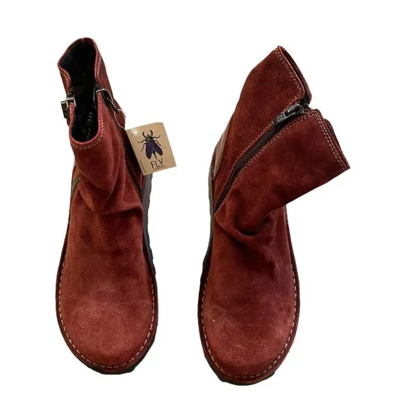 Fly London Womens Mong Ankle Boots size 37 Red Side Zip Suede NEW - Picture 3 of 8